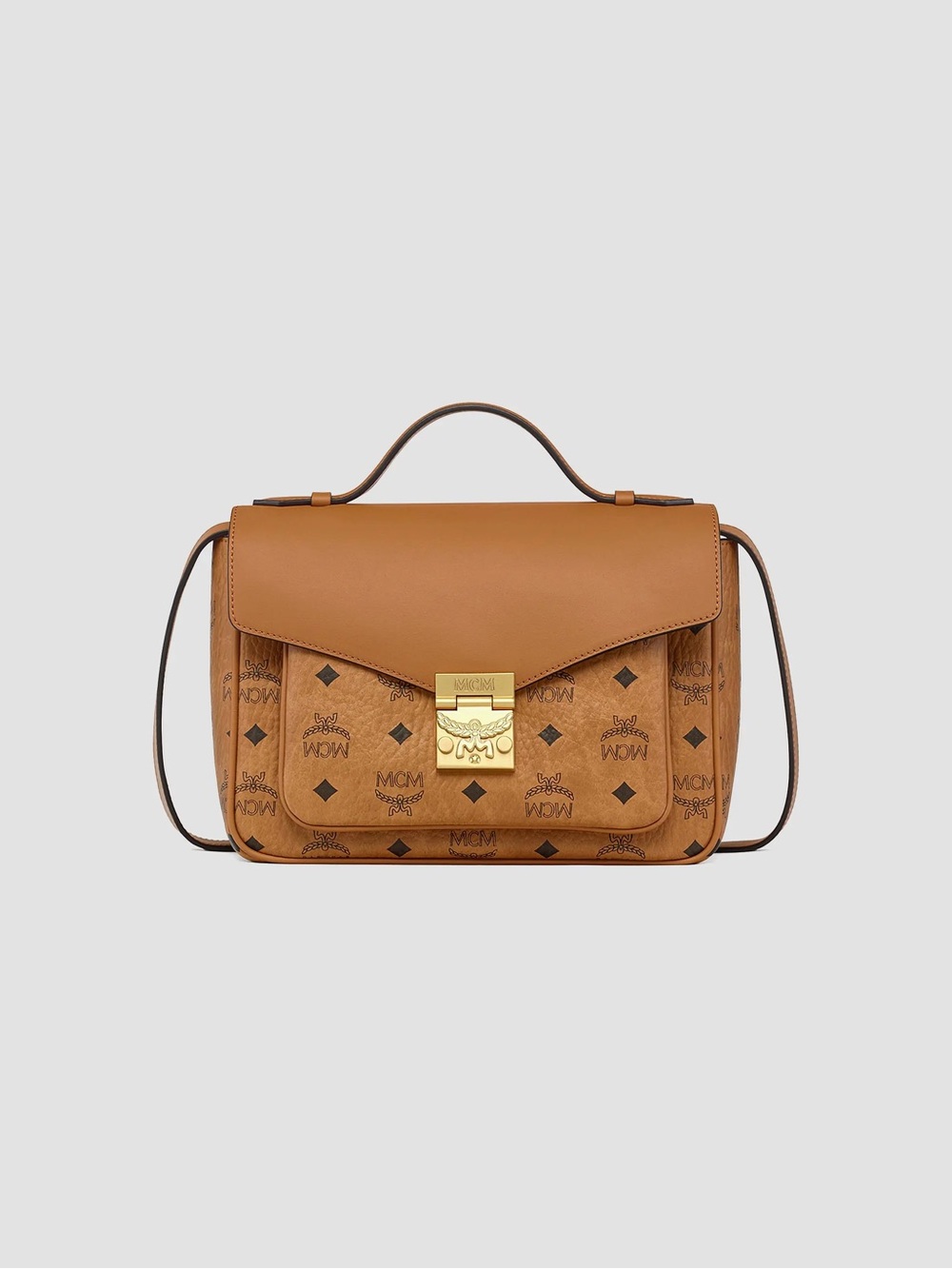 MCM Cognac Visetos Leather Satchel with Gold-Tone Lock